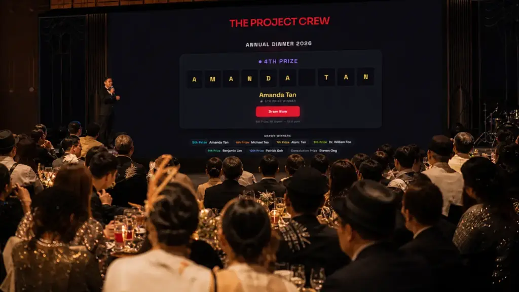 Digital Lucky Draw - DIgital Event Tools - The Project Crew Audience looking at a screen with Digital Lucky Draw by The Project Crew